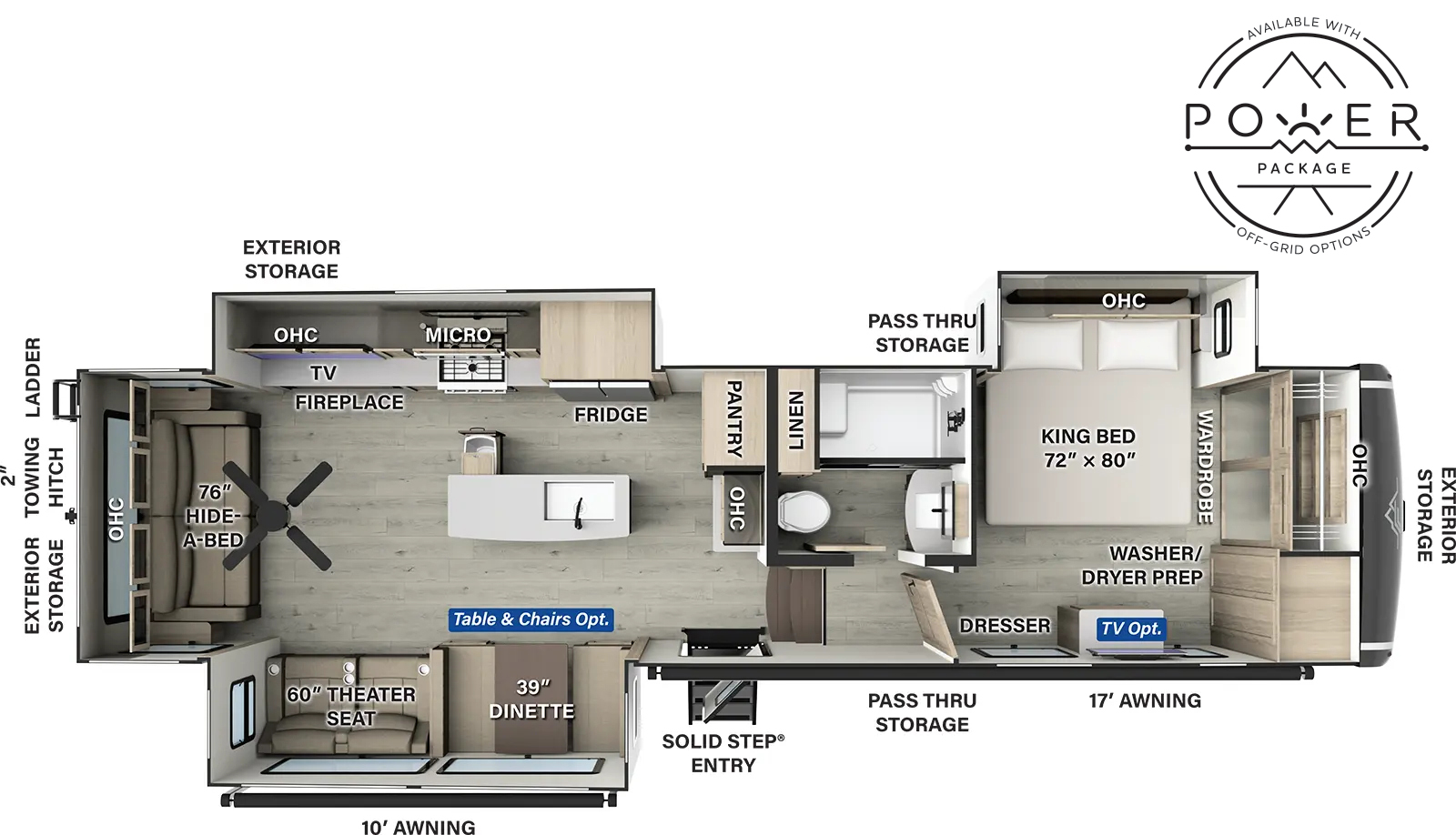 The Flagstaff Classic Fifth Wheels F361RLS has one entry and three slide outs. Exterior features include: fiberglass exterior and 10' & 17' awning. Interiors features include: kitchen island, free-standing dinette option, front bedroom and rear living.